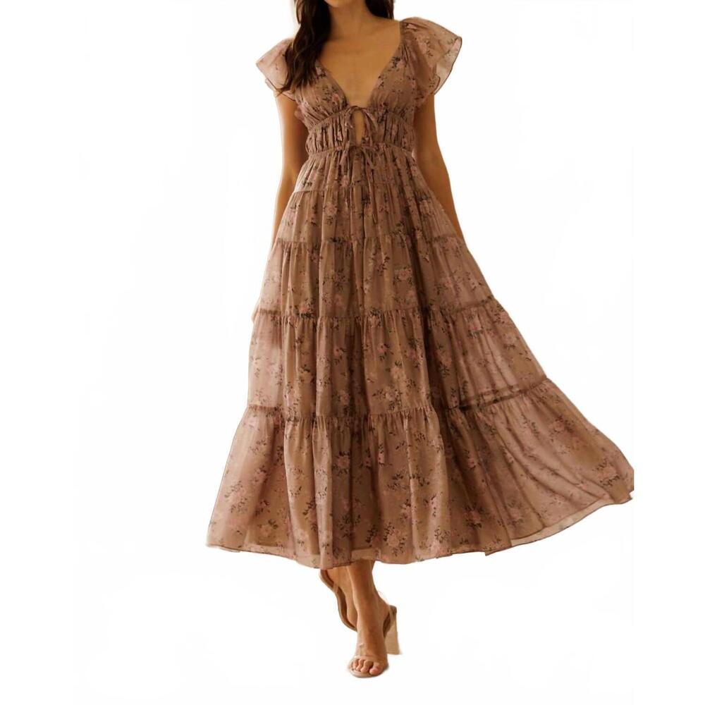 NEW STORIA tilly tie front midi dress in mauve floral - Picture 2 of 8